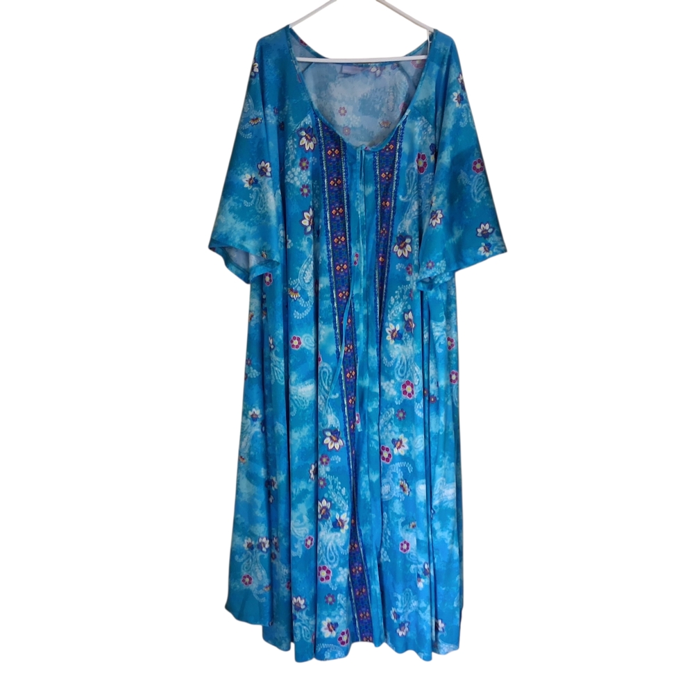 Only Necessities 38/40 5X Plus House Dress Mumu Blue Floral Print 1/2 Zip Kaftan
